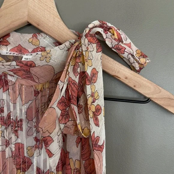 VERONICA BEARD Dali Top Floral Silk Sz 6 Pink Metallic Tie Neck Sleeveless Bouse - Picture 6 of 14